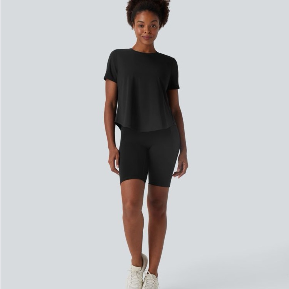 Halara- Round Neck Short Sleeve Contrast Mesh Yoga Sports Top